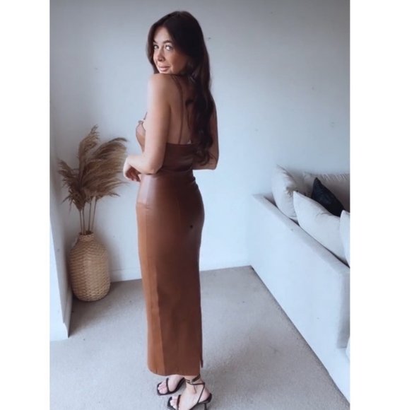 $120 Zara Faux Leather Dress Midi Brown - Picture 14 of 16